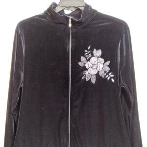 Jaclyn Smith Velveteen Black Zip-up Jacket  Floral applique-Size: 1X